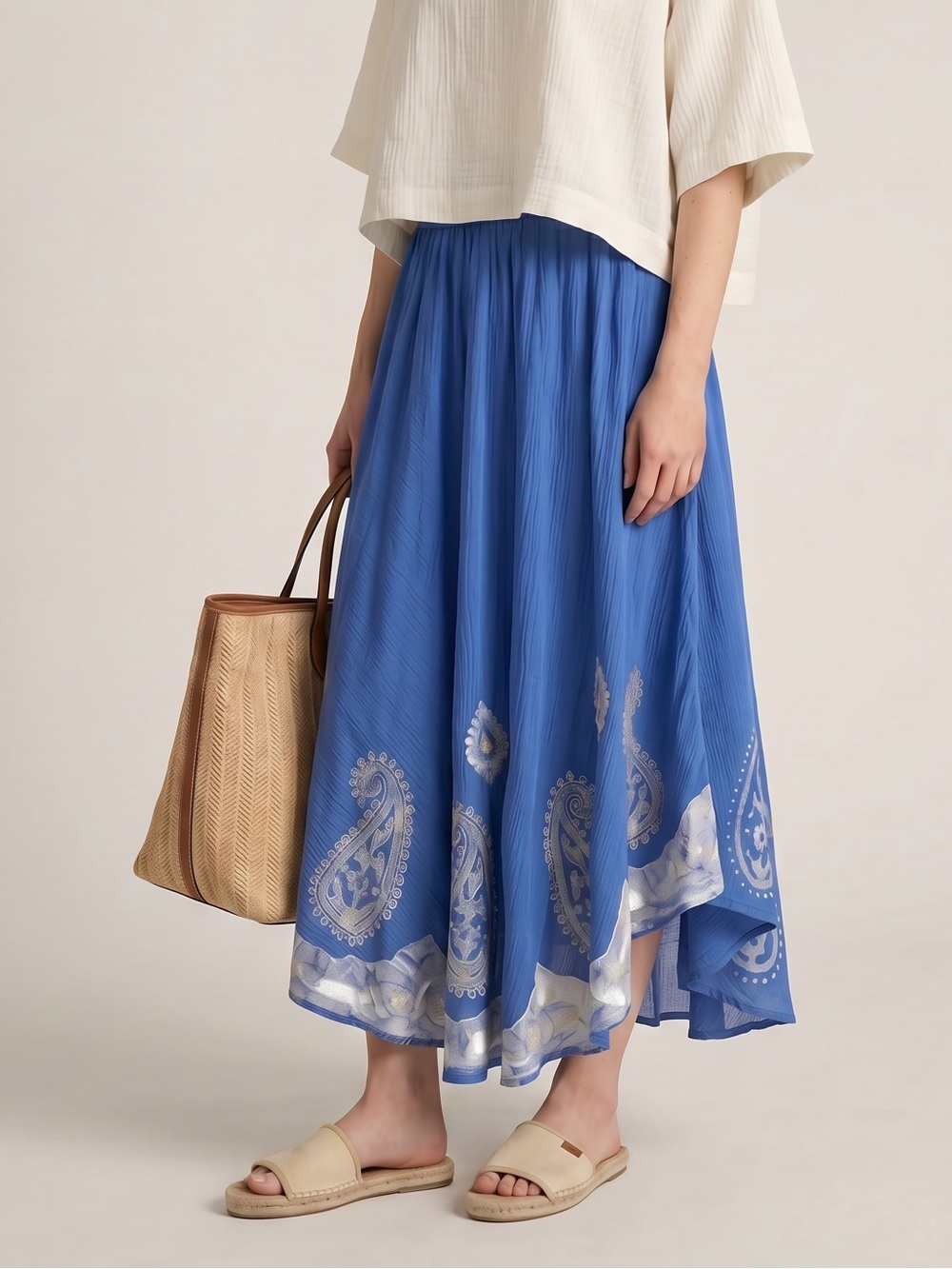 Blue gauze skirt embroidered paisley cottagecore boho Resortwear Renaissance